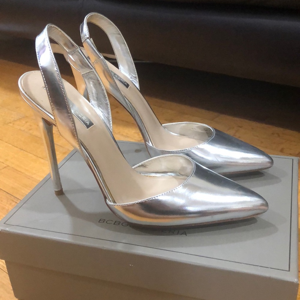 BCBGMaxazria silver sling-back platform heels